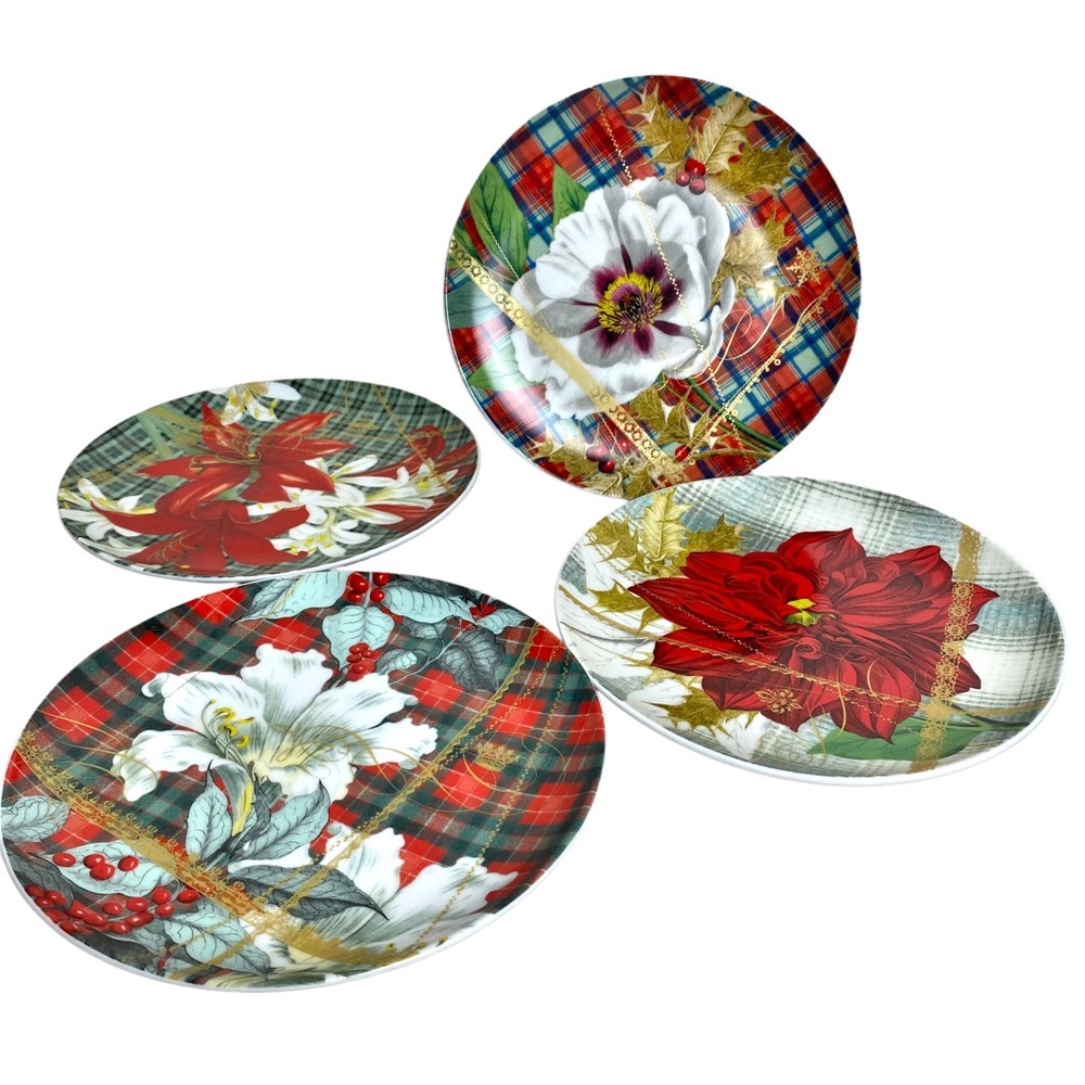 Fringe Studio porcelain Christmas plate set of 4 floral designs plaid gold 8”